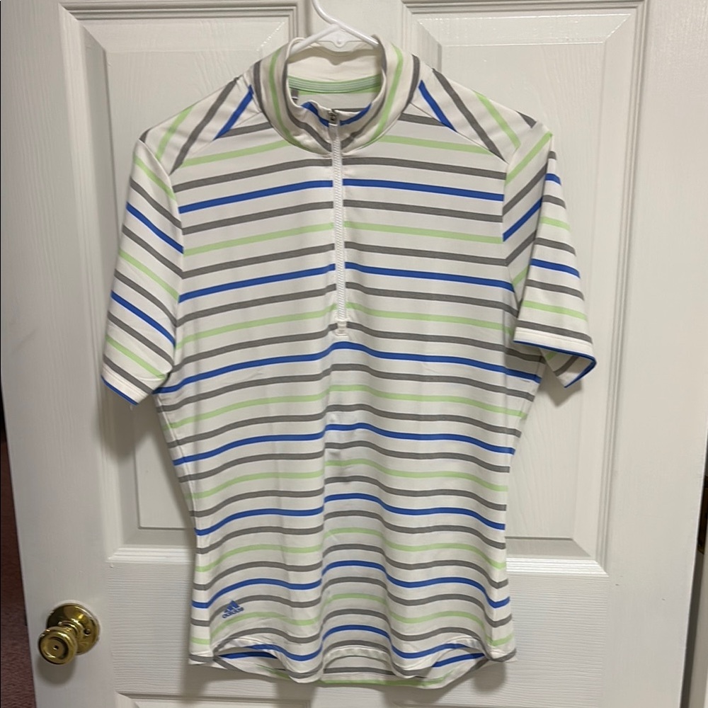 Adidas White and Blue Short Sleeve Tee Classic Stripes